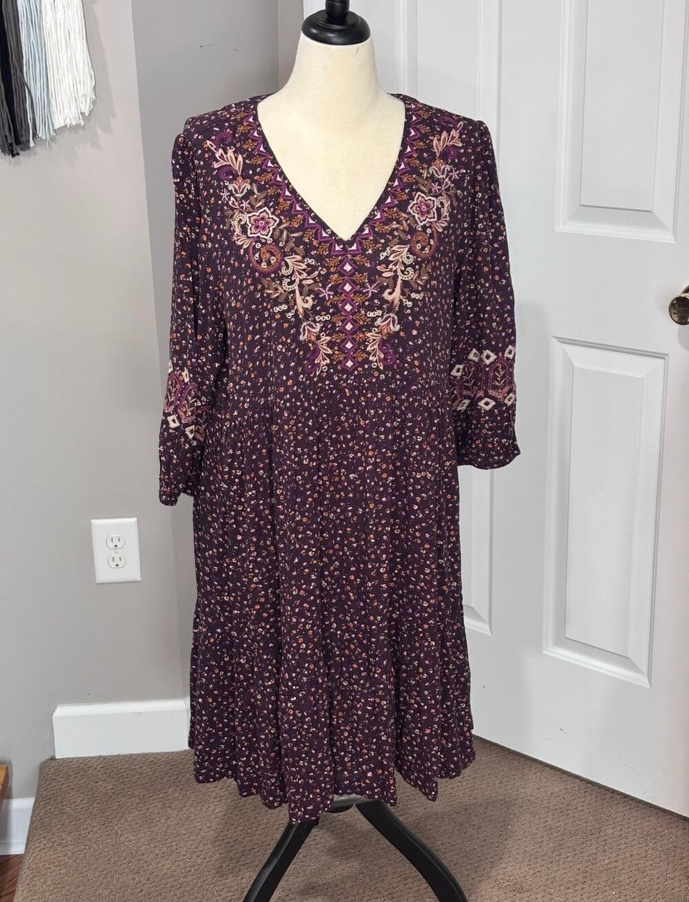 NWT J Jill Sz L Dress Burgundy Floral Boho Cottagecore Coastal Prarie New